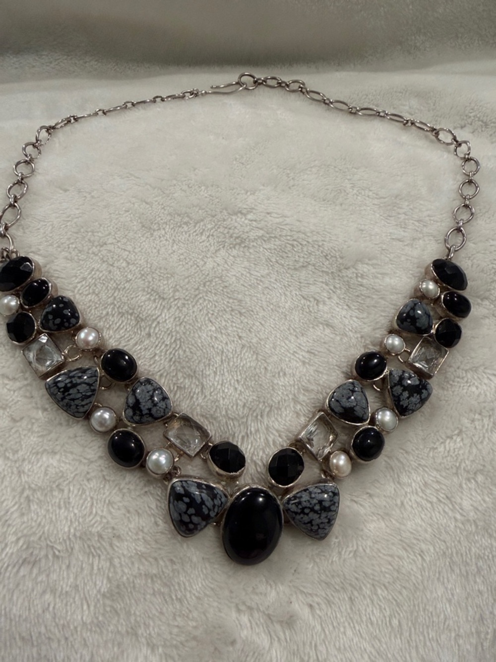 925Silver Black Onyx- Snow Flake Obsidian-Necklace with Pearl Accents and Quartz